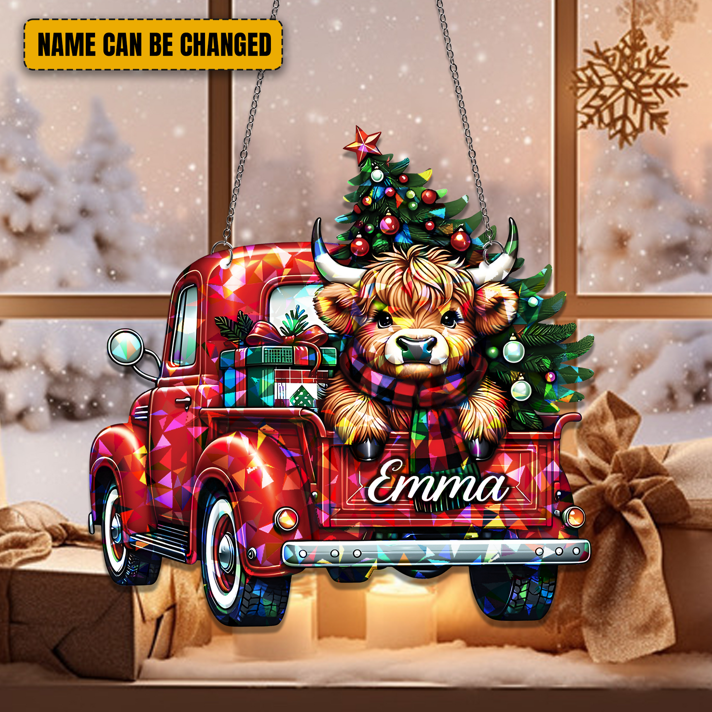 Highland Cow Truck Christmas - Personalized Hologram Ornament