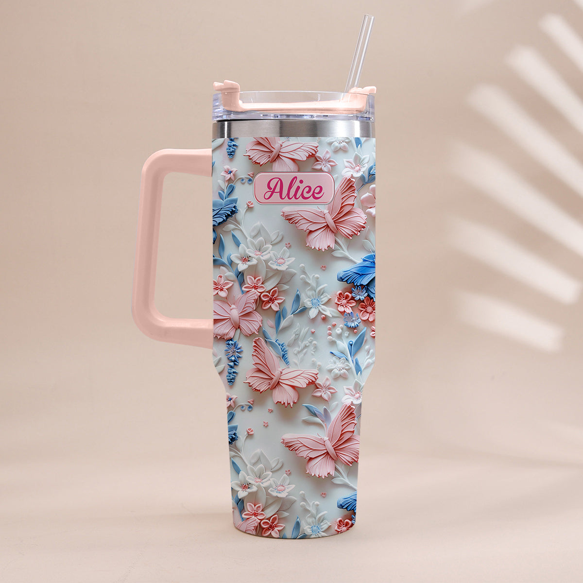 Pink And Blue Butterflies - Personalized Butterfly Tumbler With Handle 40oz
