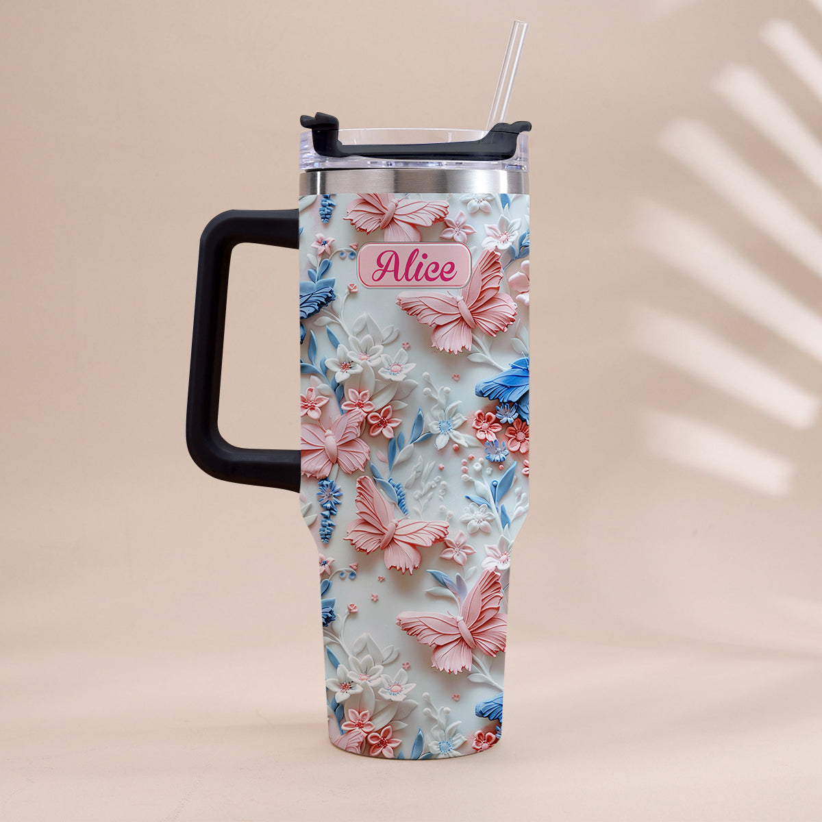 Pink And Blue Butterflies - Personalized Butterfly Tumbler With Handle 40oz