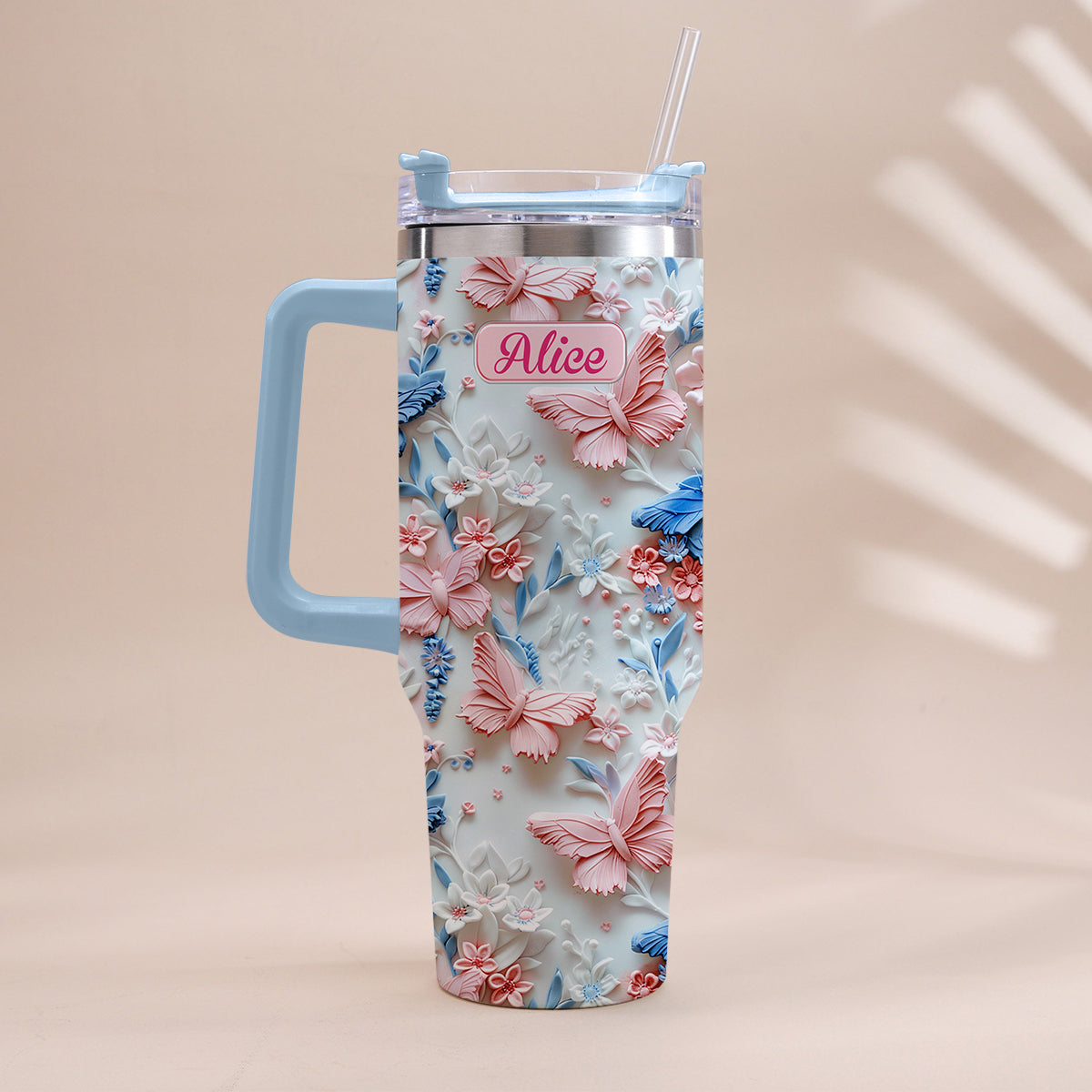 Pink And Blue Butterflies - Personalized Butterfly Tumbler With Handle 40oz