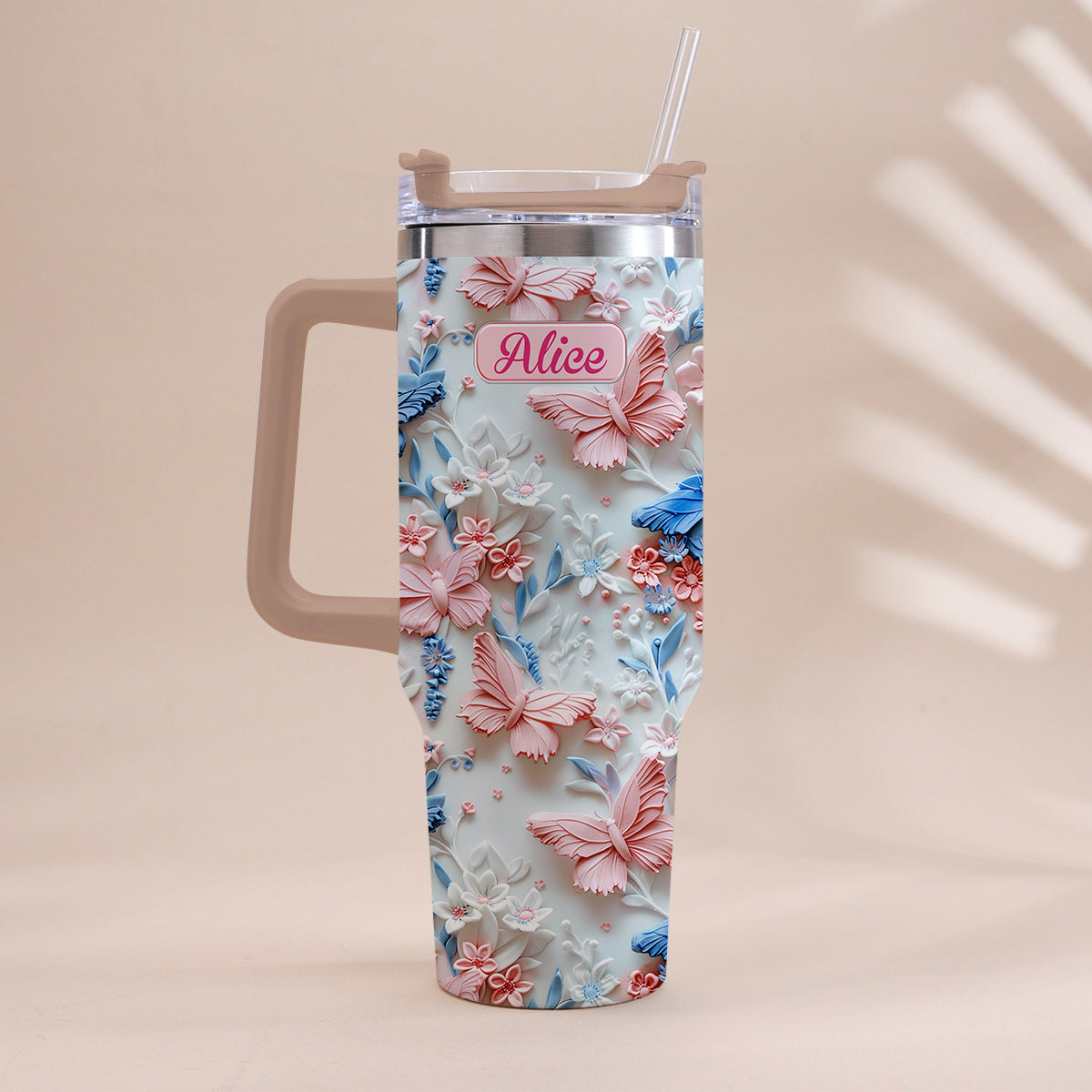 Pink And Blue Butterflies - Personalized Butterfly Tumbler With Handle 40oz