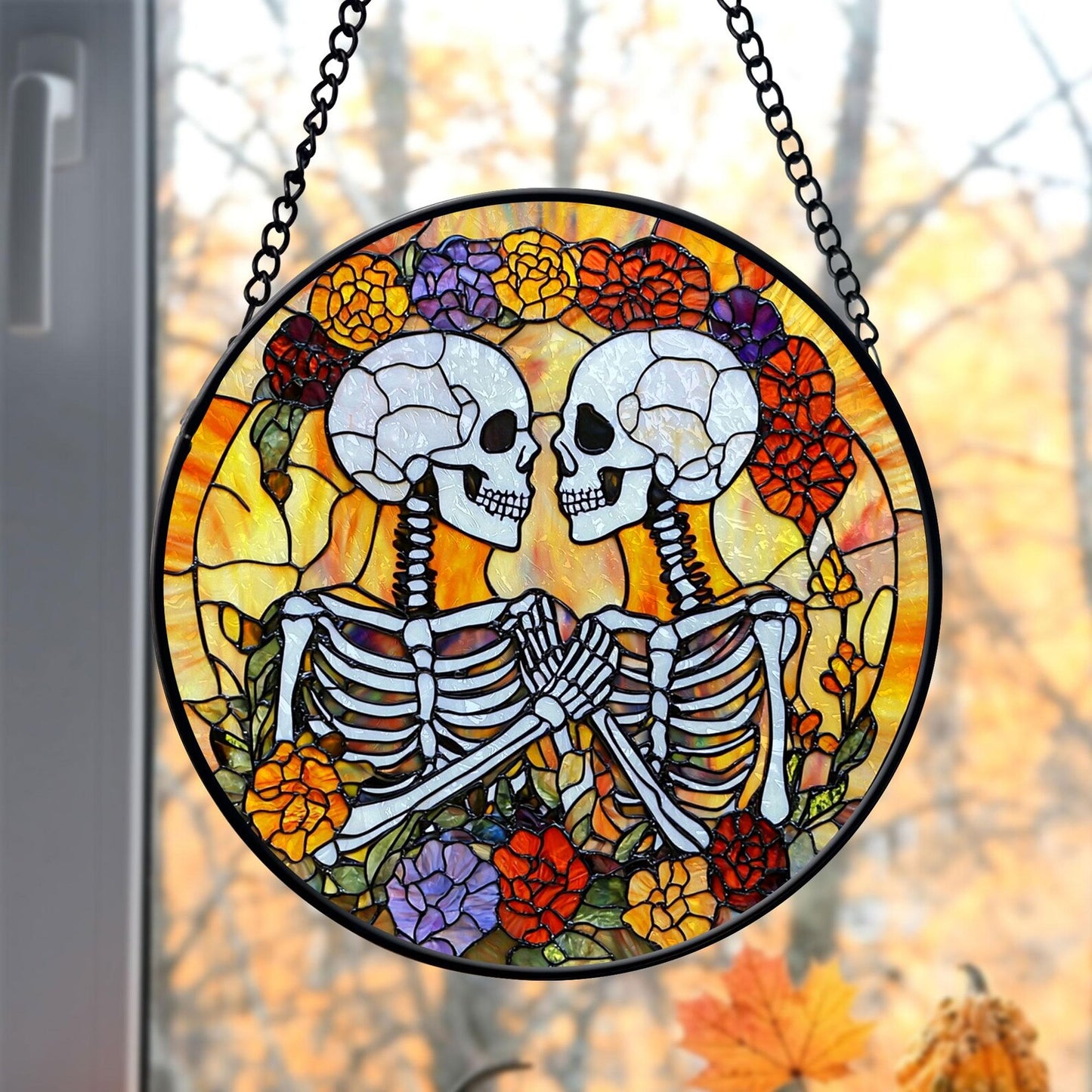 Skeleton Couple Halloween Stained Glass Suncatcher