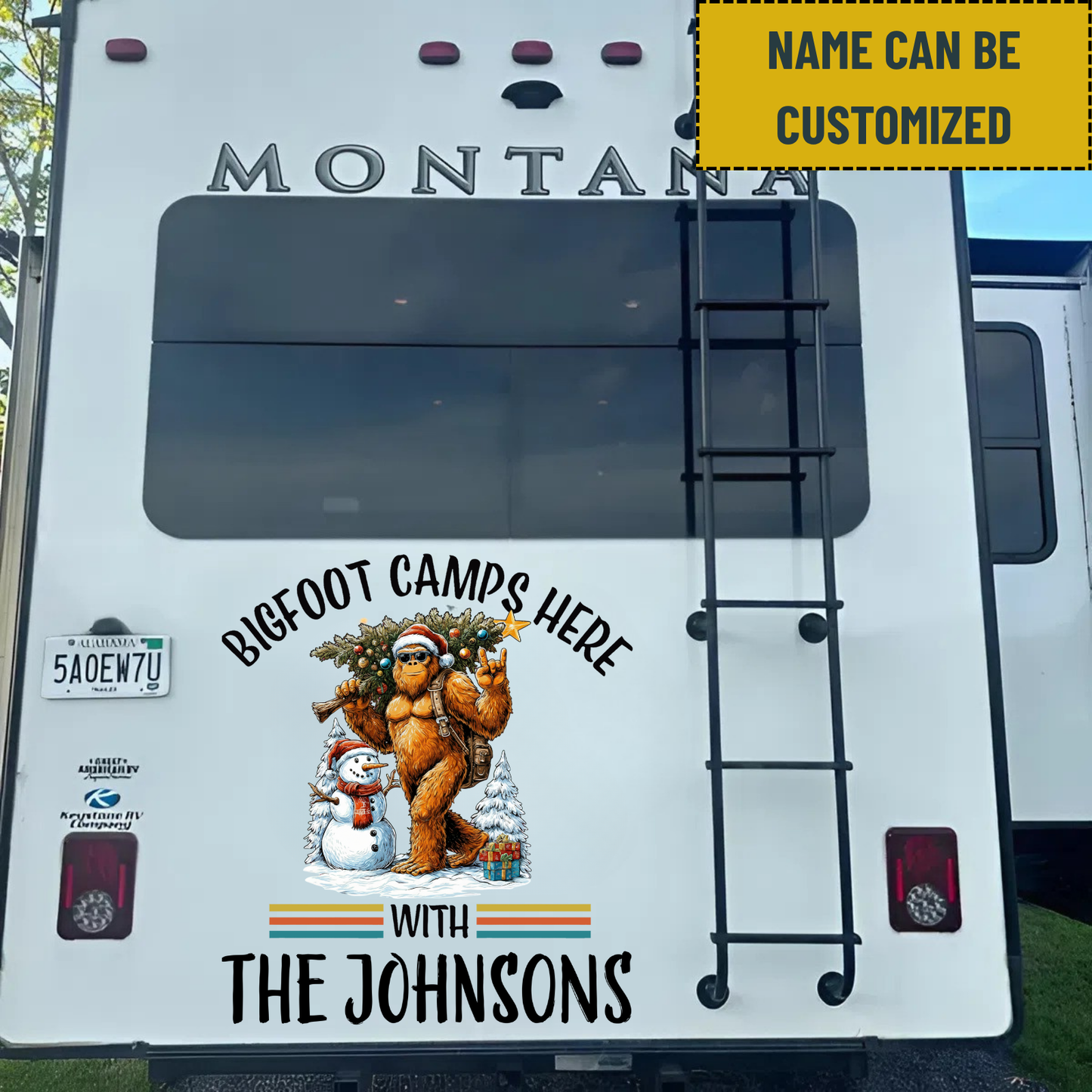 Bigfoot Camp Here Merry Christmas With Family - Personalized Name Bigfoot Decor Decal