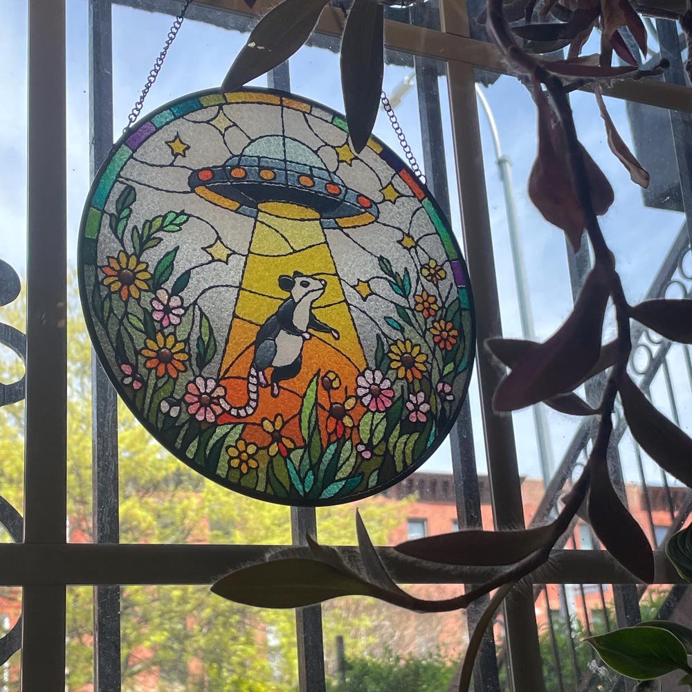 Opossum Wildflowers Stained Glass Suncatcher