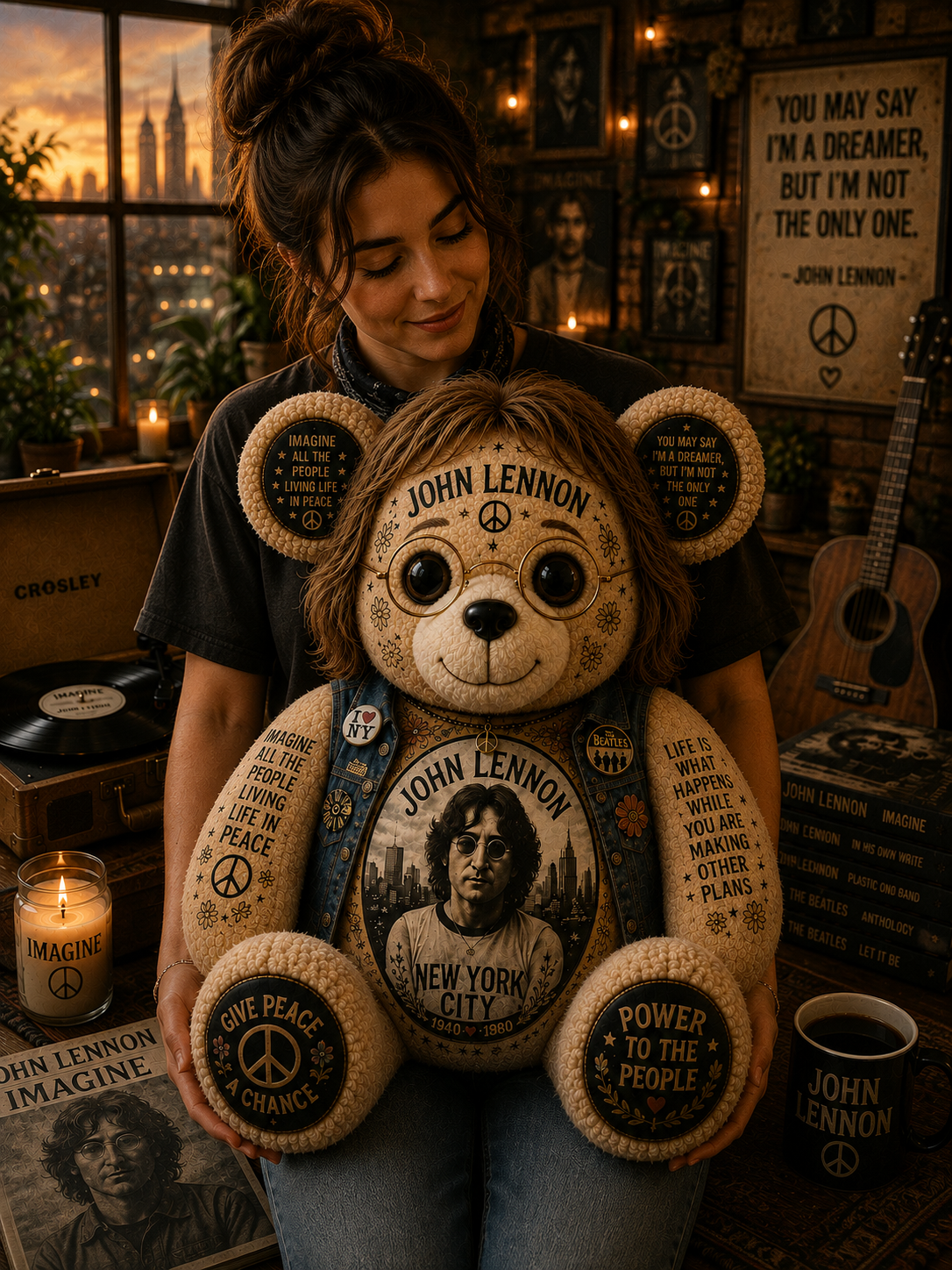 John Lennon Imagine Bear Custom Shaped Pillow – Peace & Love Classic Rock Music Lover Gift