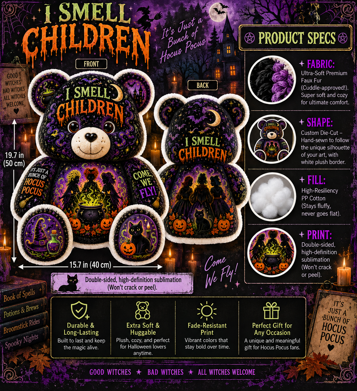 I Smell Children Witch Bear Custom Shaped Pillow – Hocus Pocus Halloween Spooky Gift