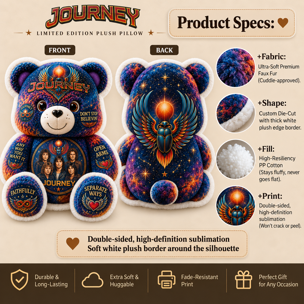 Journey Bear Custom Shaped Pillow – Don’t Stop Believin’ Classic Rock Band Fan Gift