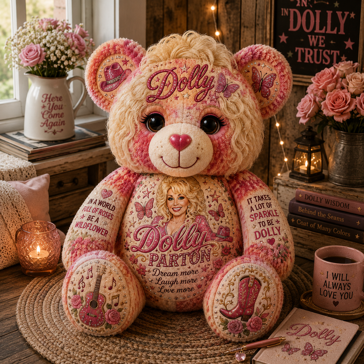 Dolly Parton Bear Pillow, Country Music Lover Gift, Dolly Inspired Teddy Bear, Gift for Women, Mom & Grandma