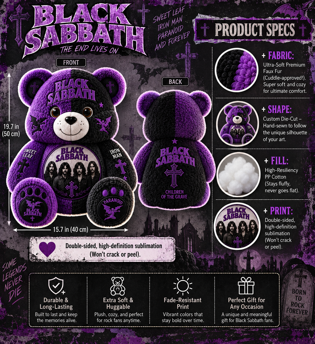 Black Sabbath Band Bear Custom Shaped Pillow – Rock Music Legend Gift