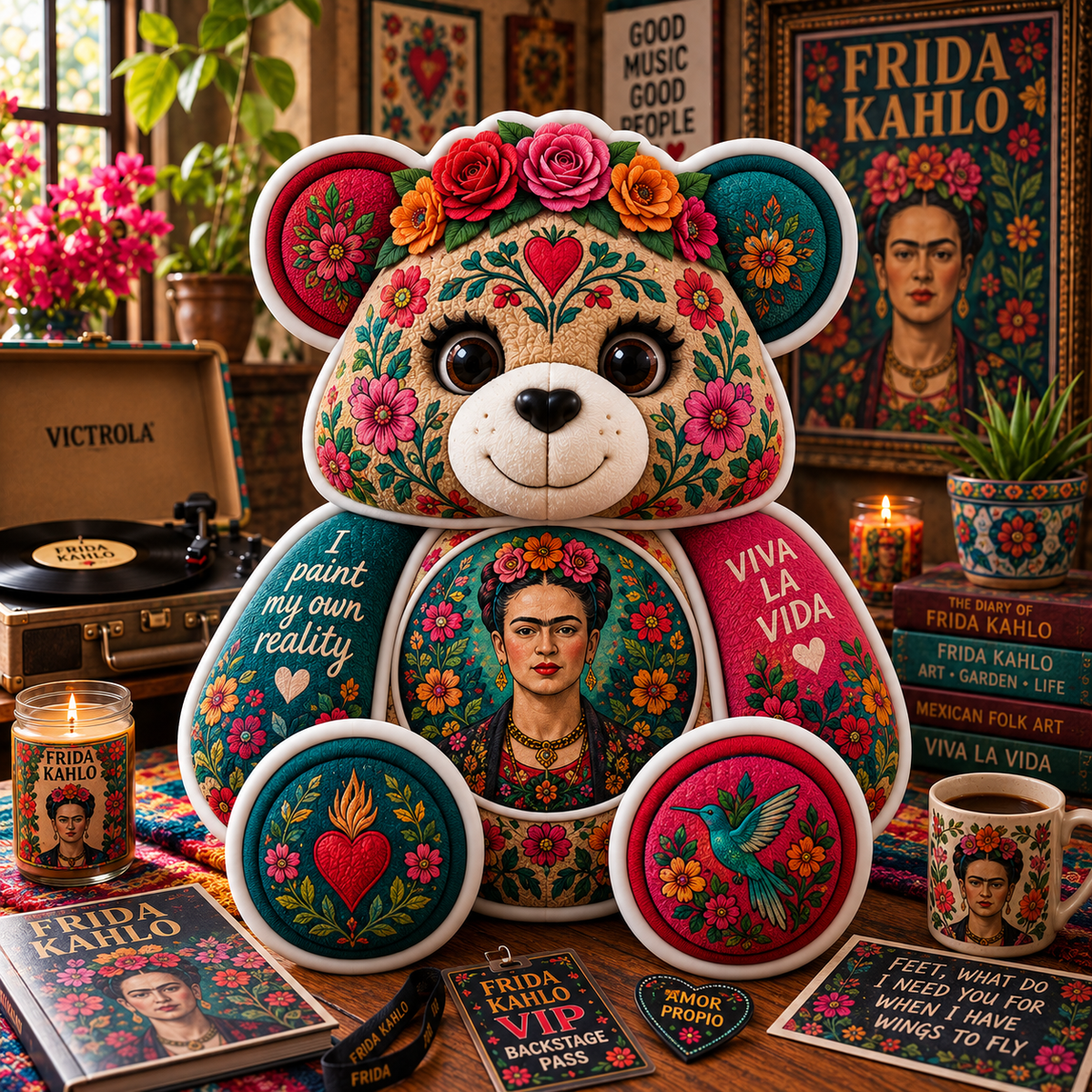 Frida Kahlo Custom Shaped Bear Pillow – Mexican Folk Art Inspired Gift for Art Lovers