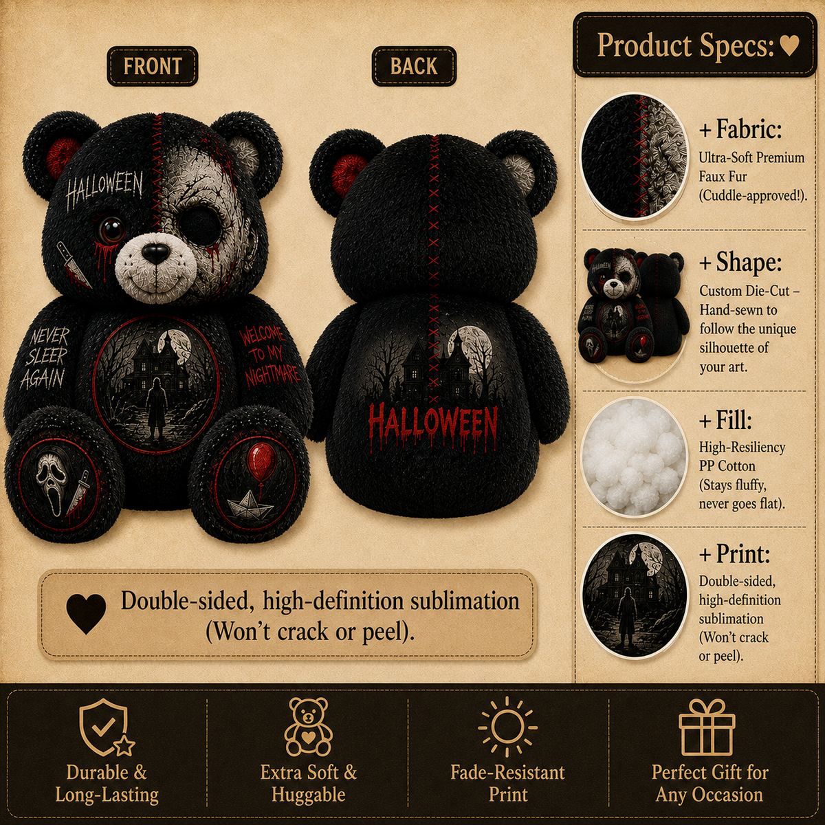 Never Sleep Again Horror Bear Custom Shaped Pillow – Halloween Gift for Horror & Slasher Lovers