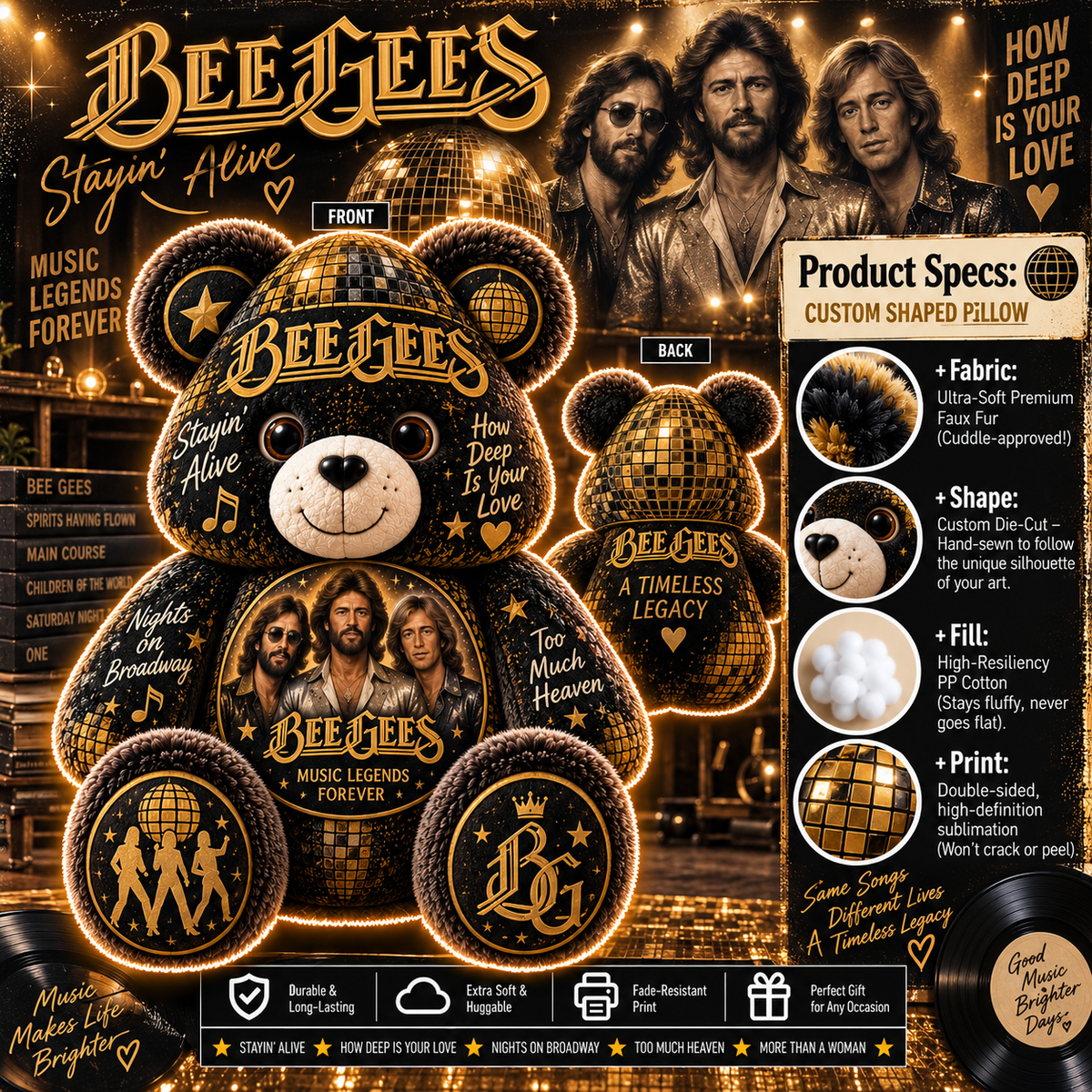 Bee Gees Bear Custom Shaped Pillow – Disco Music Fan Gift