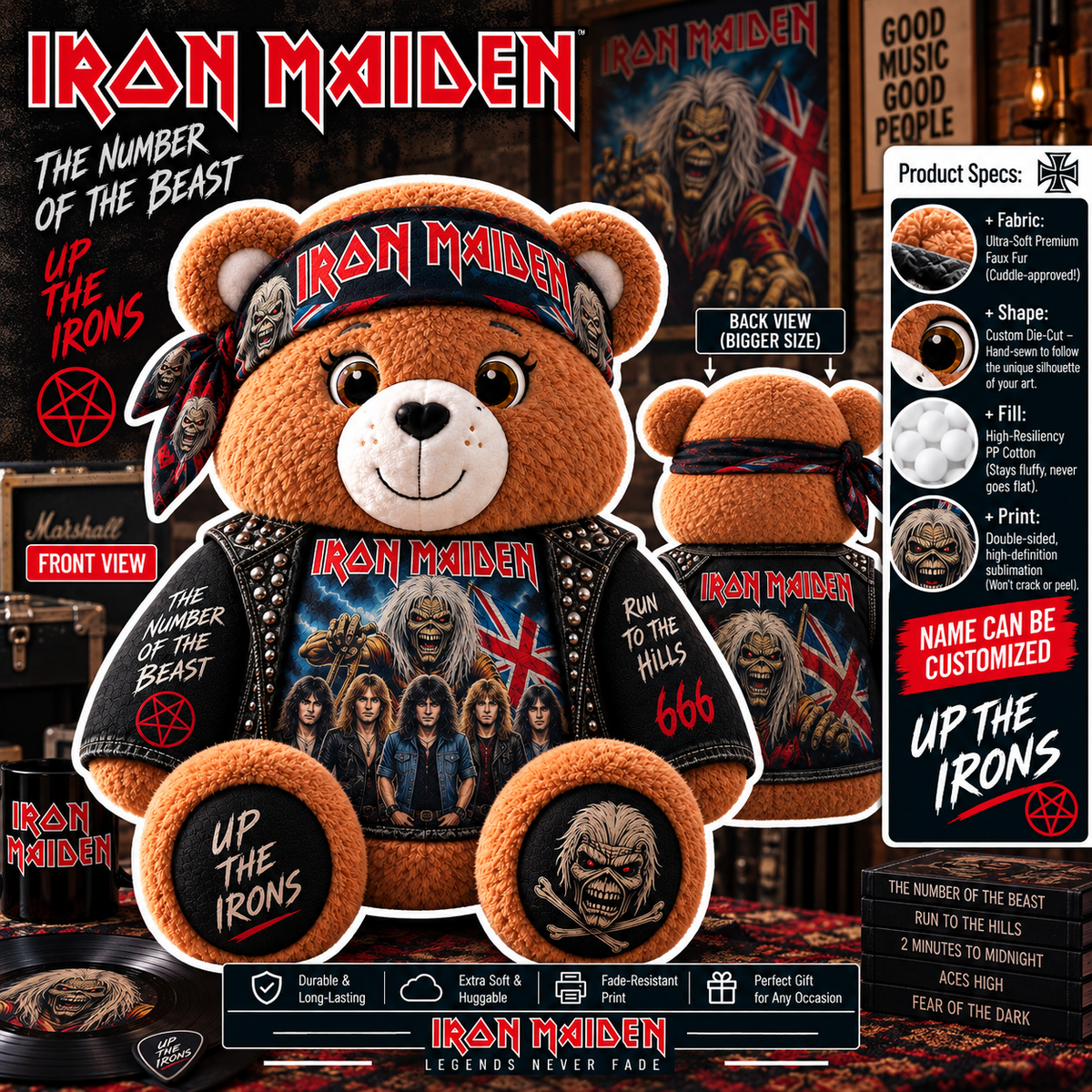 Iron Maiden Custom Shaped Bear Pillow – The Number of the Beast Run to the Hills Heavy Metal Music Inspired Gift for Iron Maiden Fans