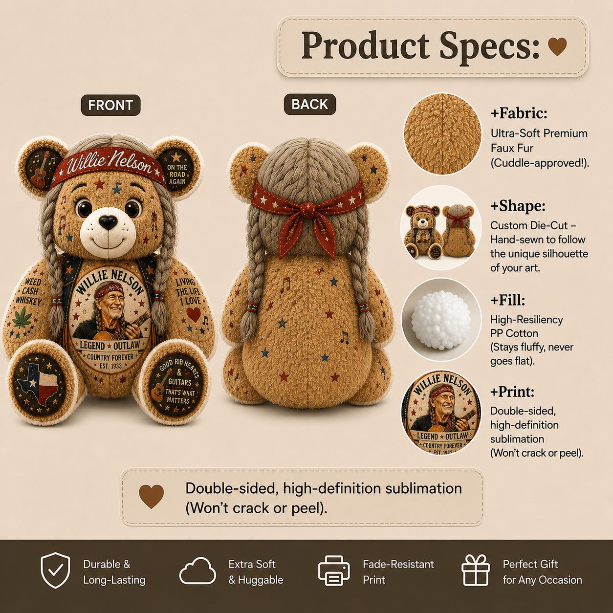 Willie Nelson Bear Custom Shaped Pillow – Gift for Fans & Country Music Lovers