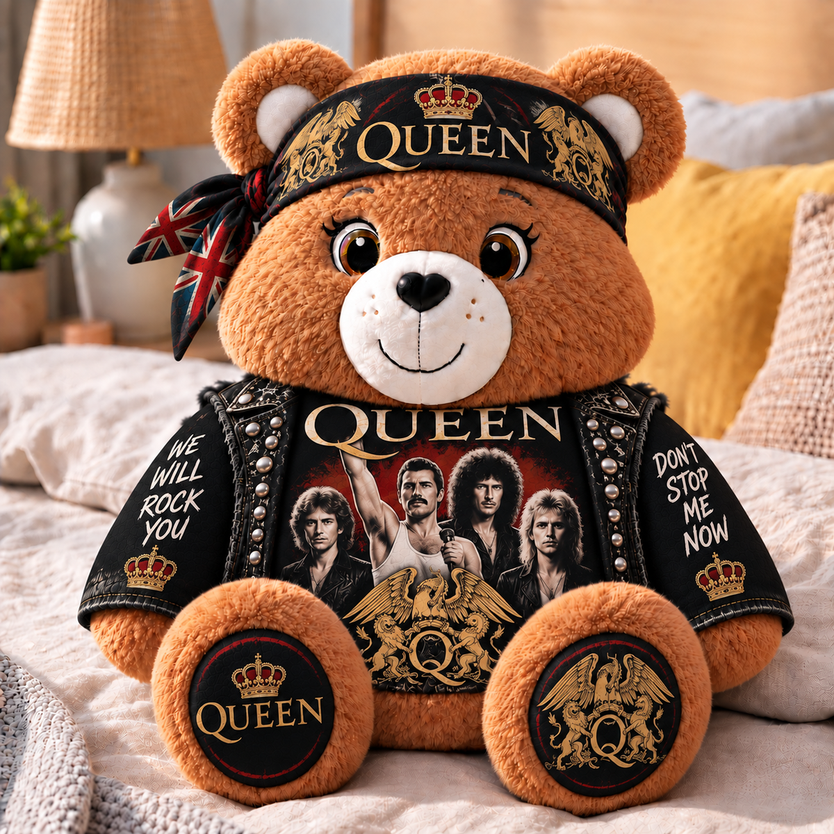 Queen Custom Shaped Bear Pillow – Classic Rock Inspired Gift for Queen & Freddie Mercury Fans
