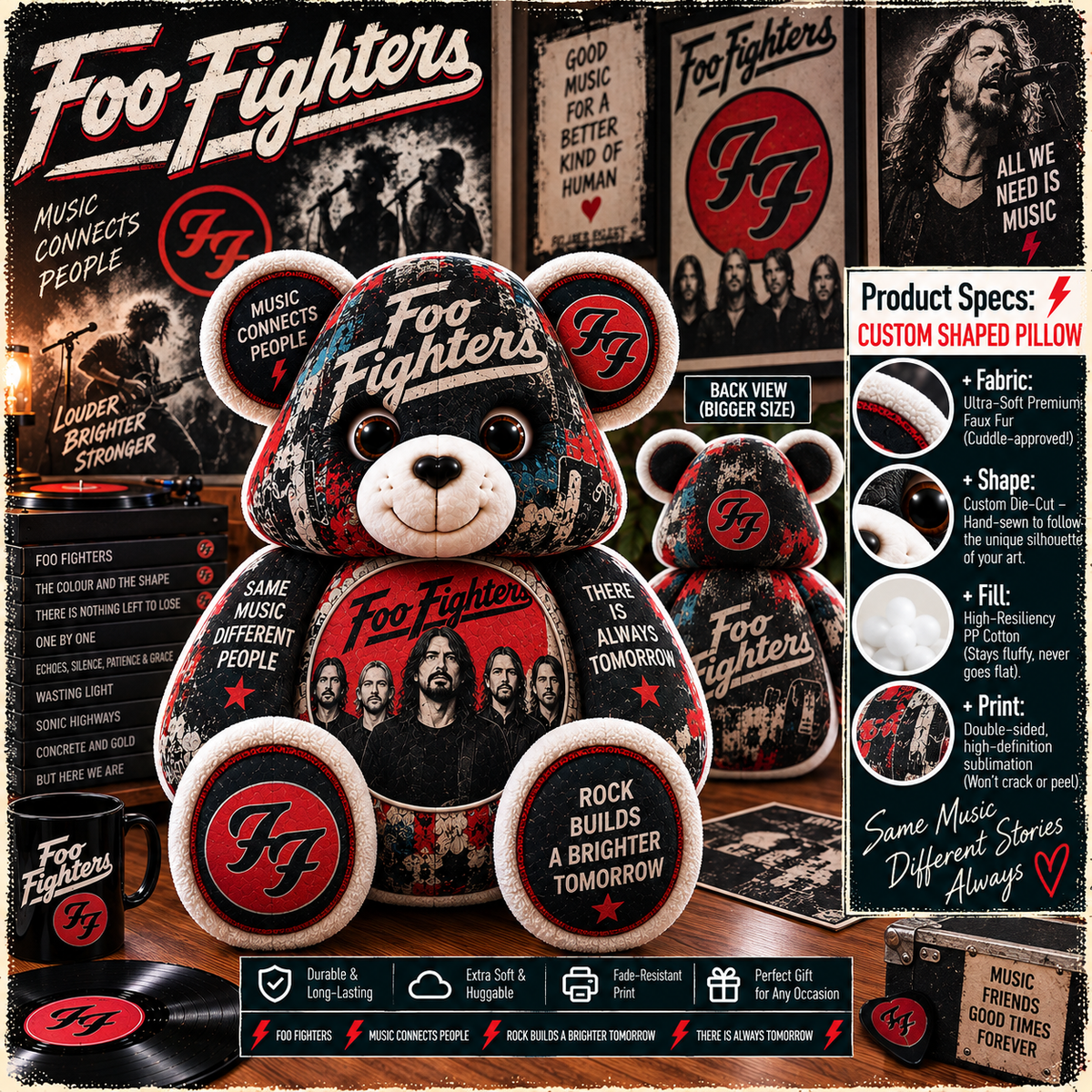 Foo Fighters Custom Shaped Bear Pillow – Alternative Rock Music Inspired Gift for Fans