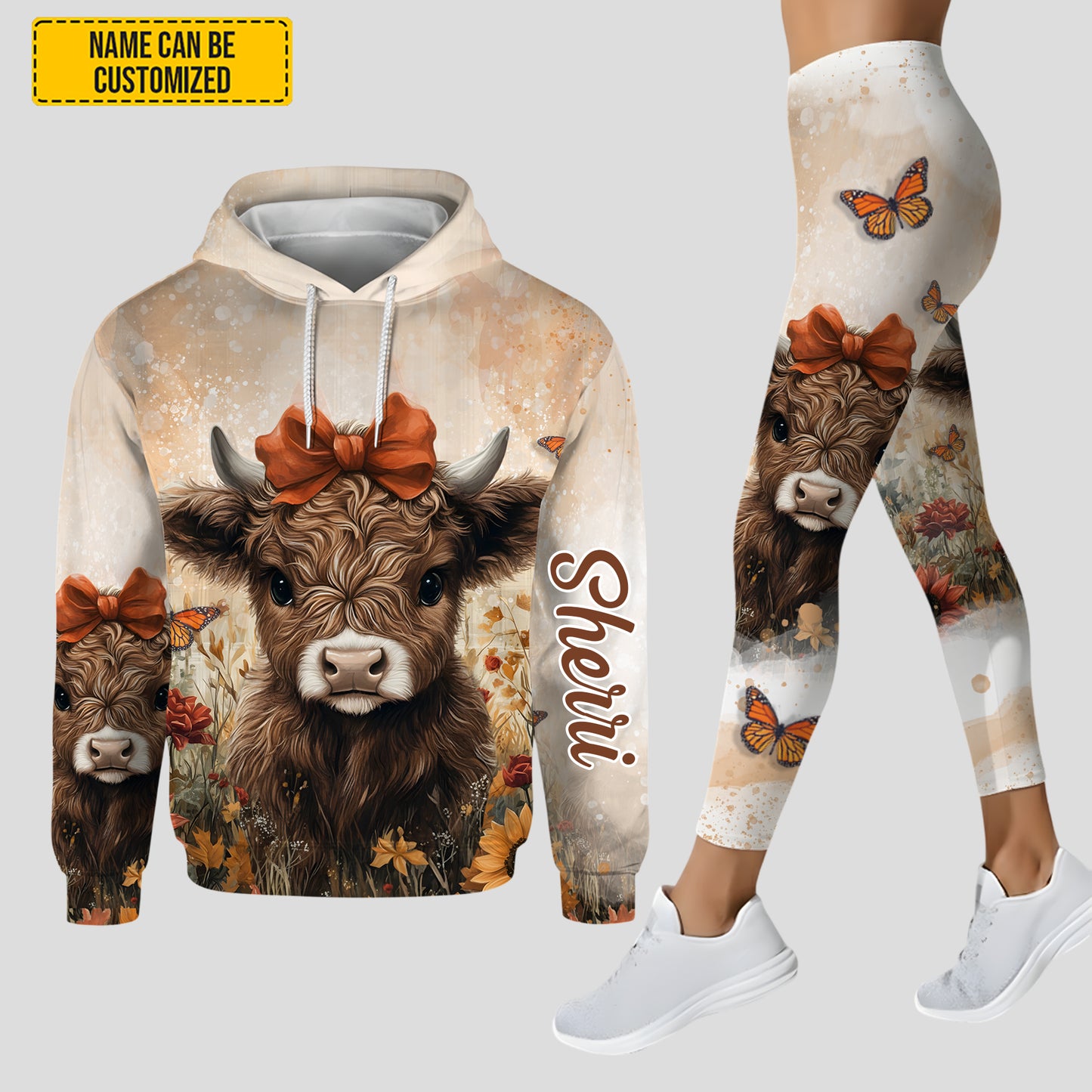 Highland Cow Flower - Personalized Hoodie and Leggings