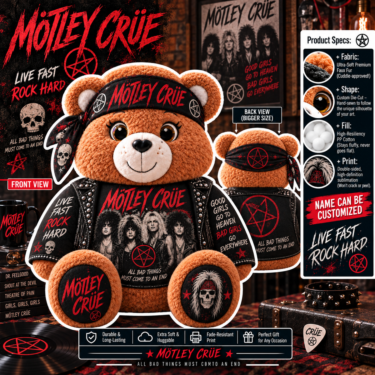 Mötley Crüe Custom Shaped Bear Pillow – Live Fast Rock Hard Hair Metal Rock Music Inspired Gift for Mötley Crüe Fans