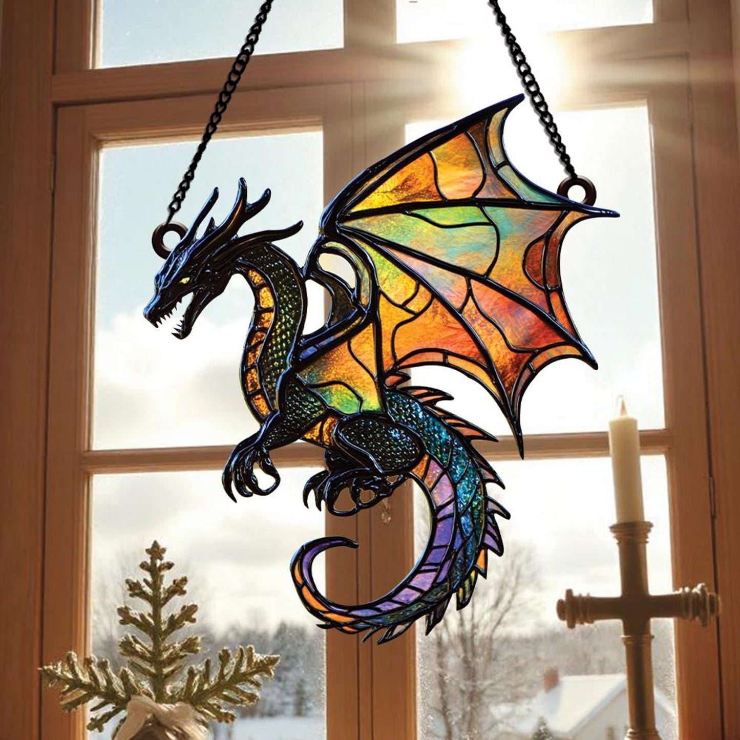 Fantasy Dragon Stained Glass Window Hanging