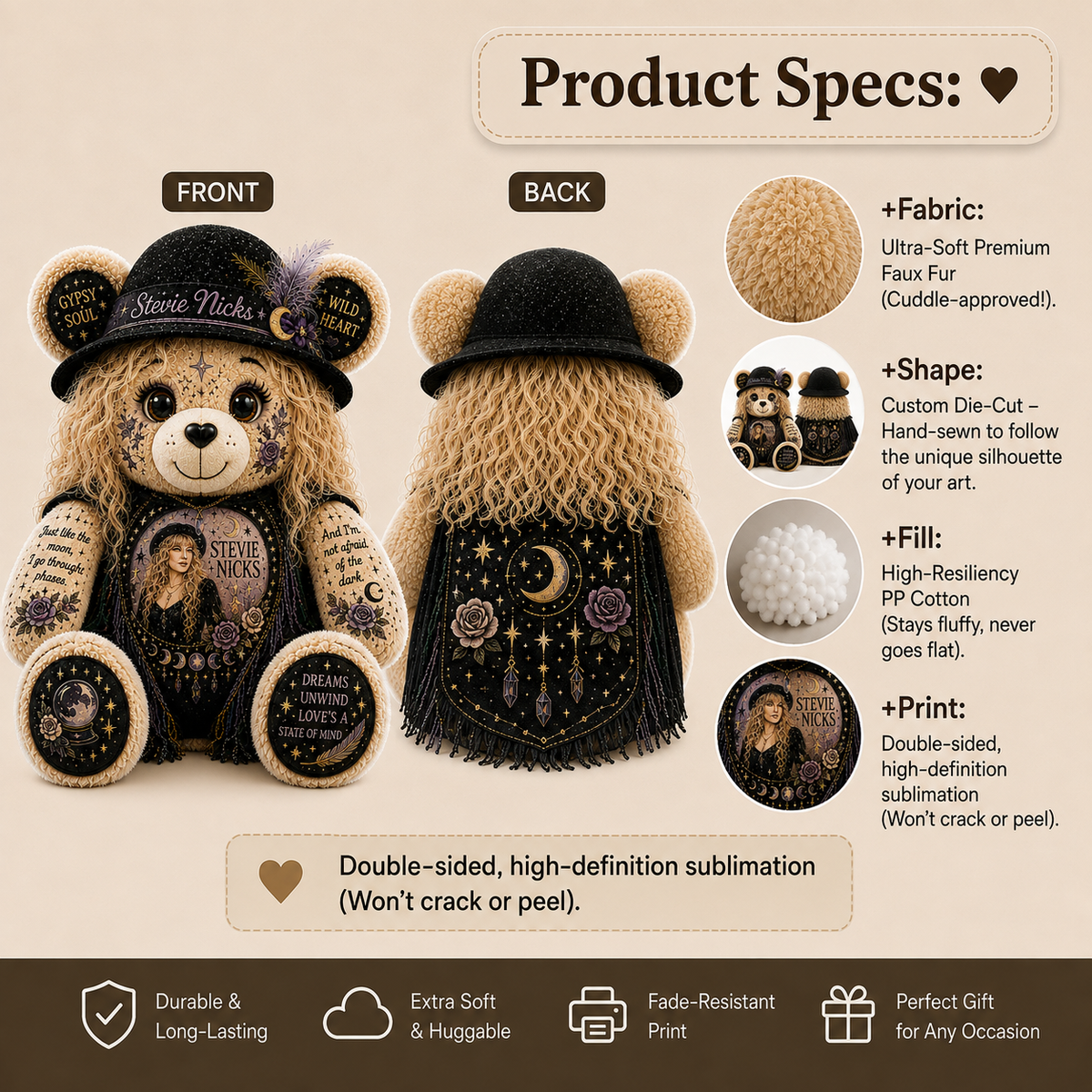 Stevie Nicks Bear Custom Shaped Pillow – Gift for Classic Music Lovers