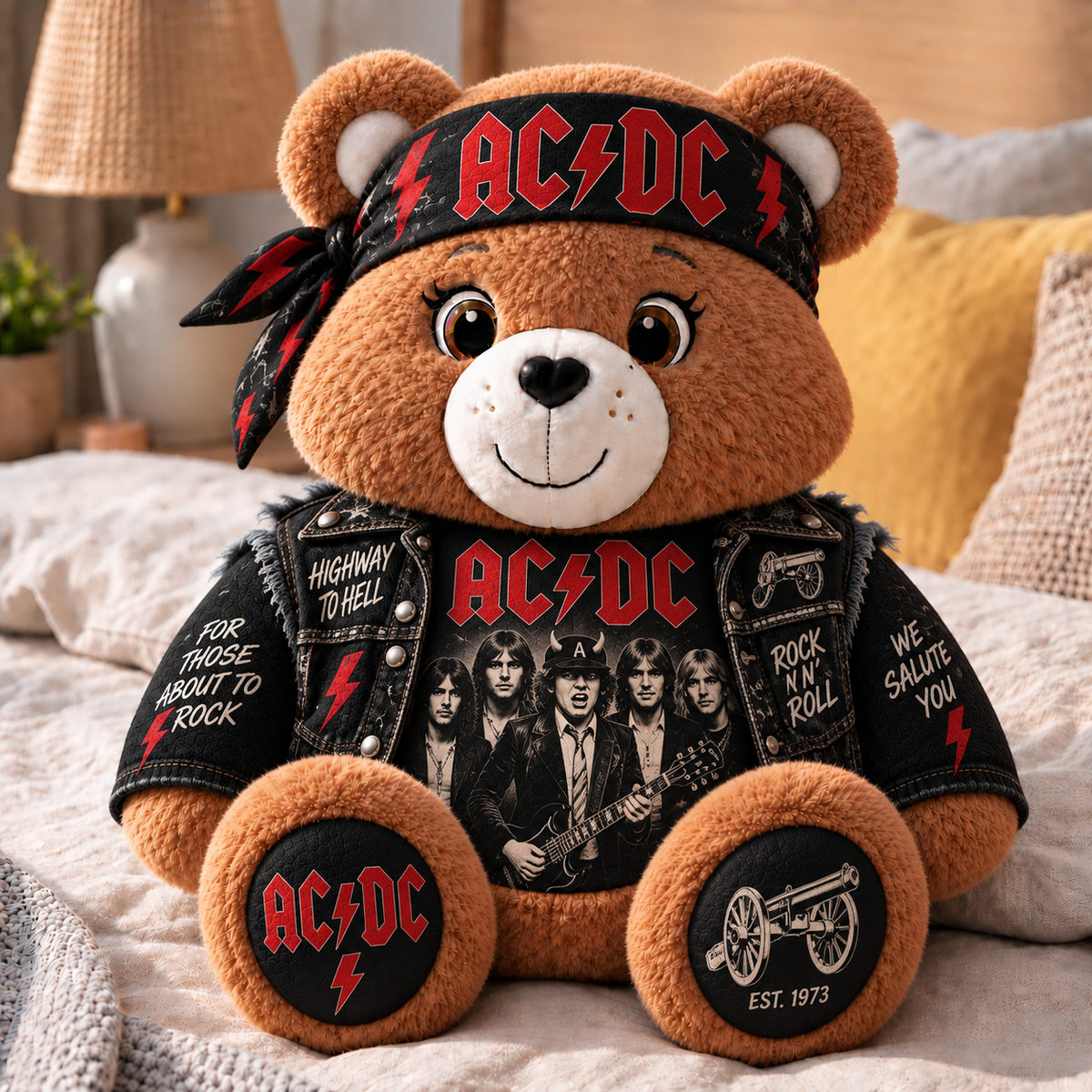 AC/DC Custom Shaped Bear Pillow – Classic Rock Inspired Gift for AC/DC Fans