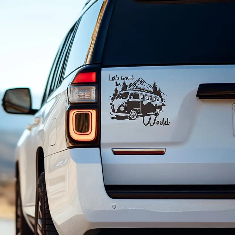 Let's Travel the World Camper Sticker Black