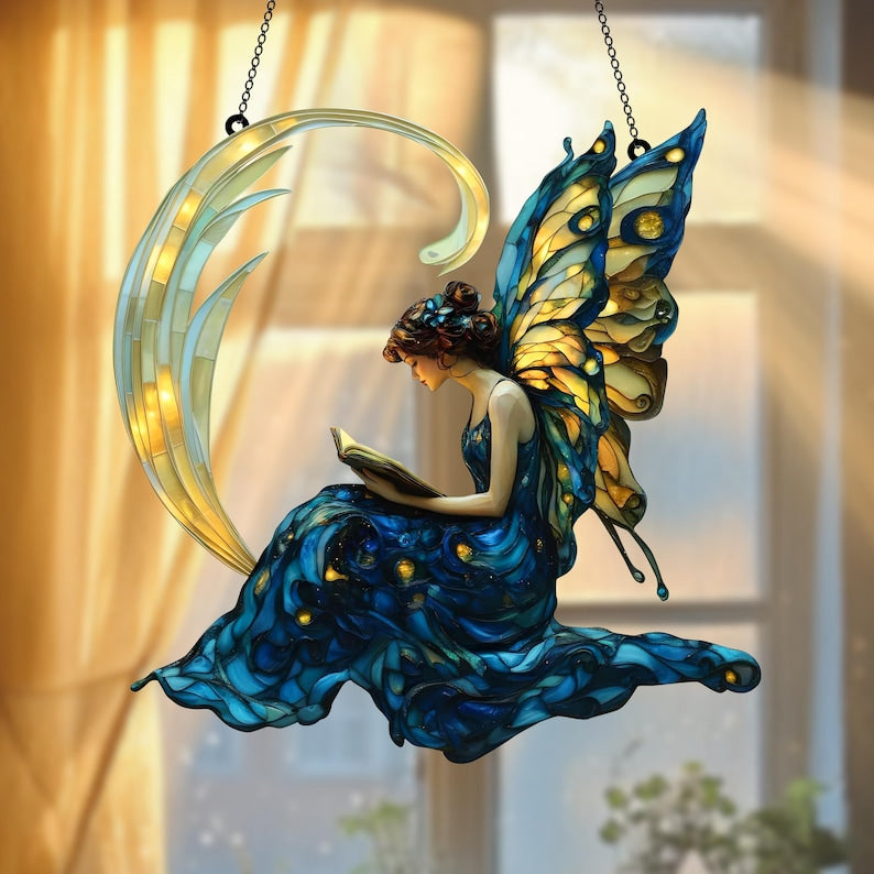 Butterfly Fairy Reading Book Acrylic Window Hanging