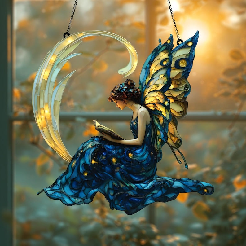 Butterfly Fairy Reading Book Acrylic Window Hanging