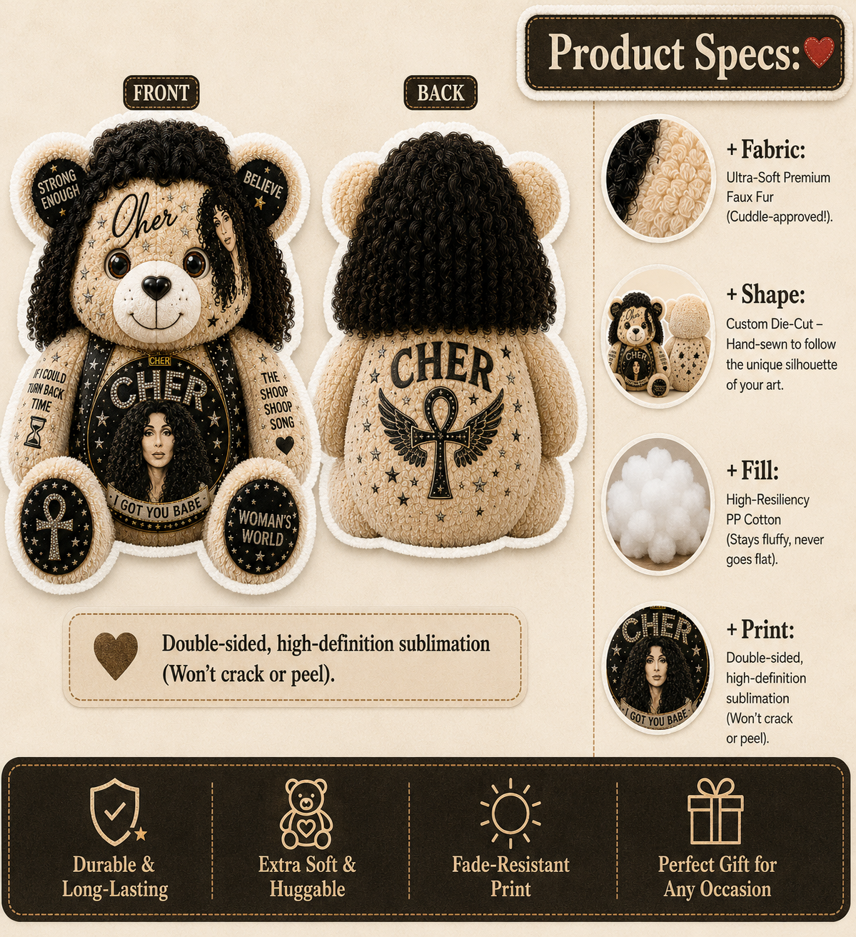 Cher Bear Custom Shaped Pillow – Classic Music Legend Gift