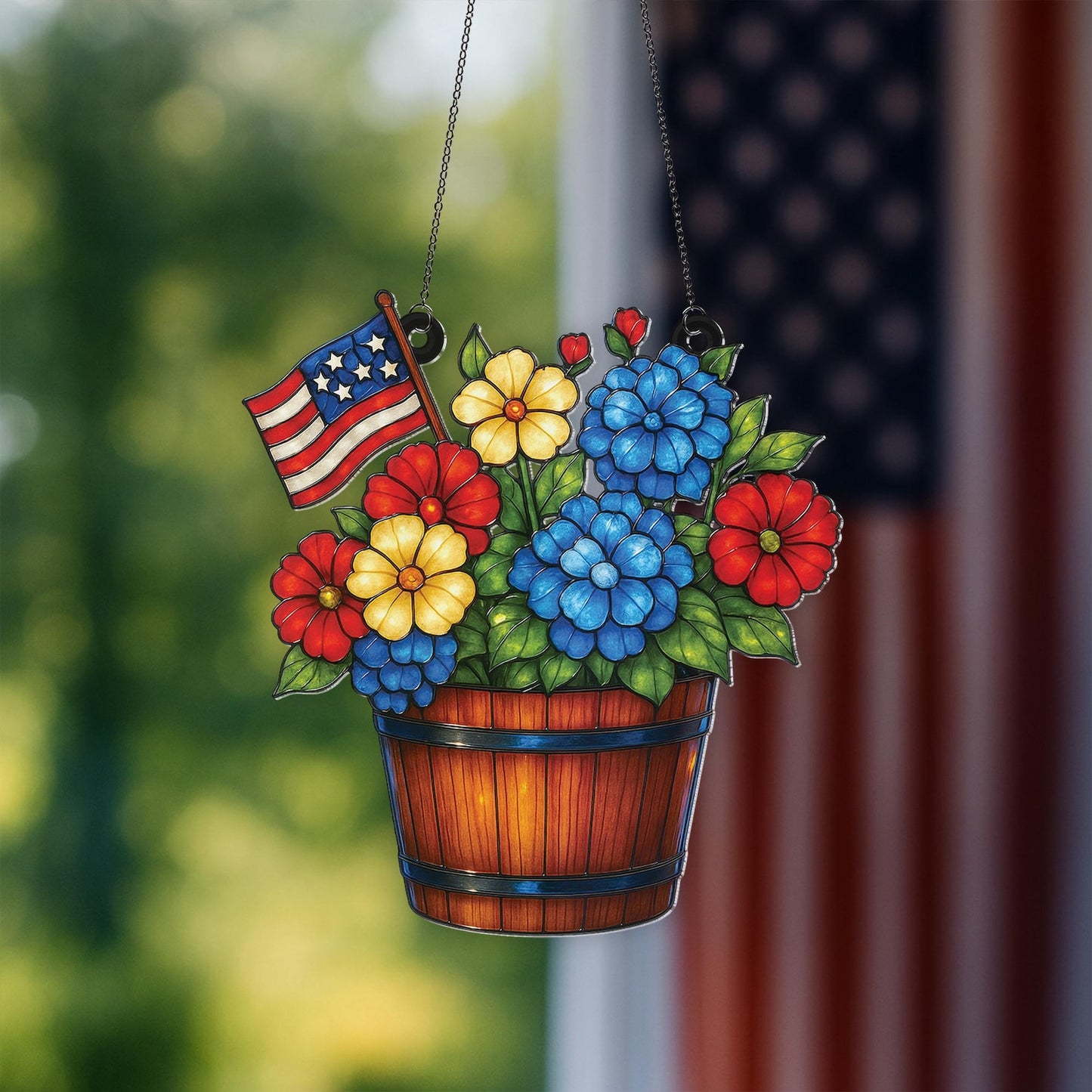 American Flag Floral Flower Suncatcher - Personalized Shape Stained Glass Suncatcher