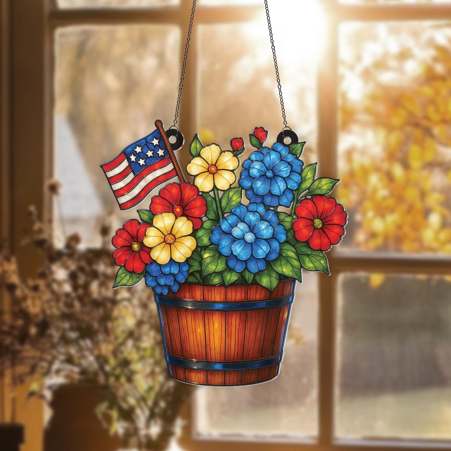 American Flag Floral Flower Suncatcher - Personalized Shape Stained Glass Suncatcher
