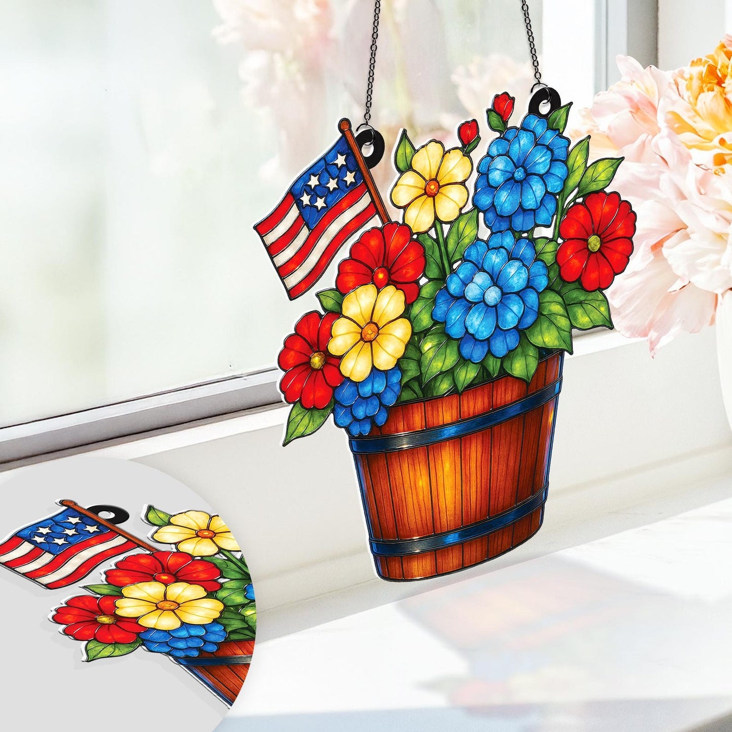 American Flag Floral Flower Suncatcher - Personalized Shape Stained Glass Suncatcher