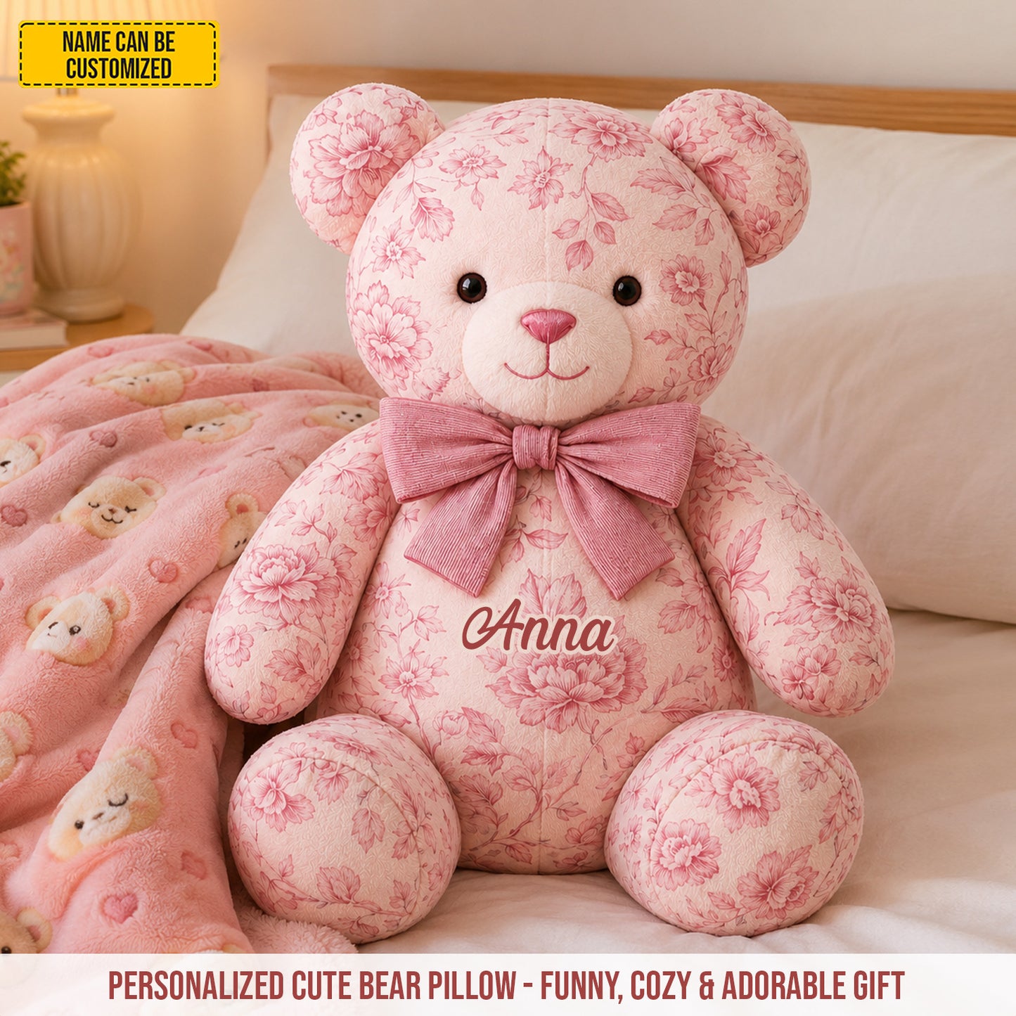 Personalized Vintage Floral Teddy Bear Custom Shape Pillow