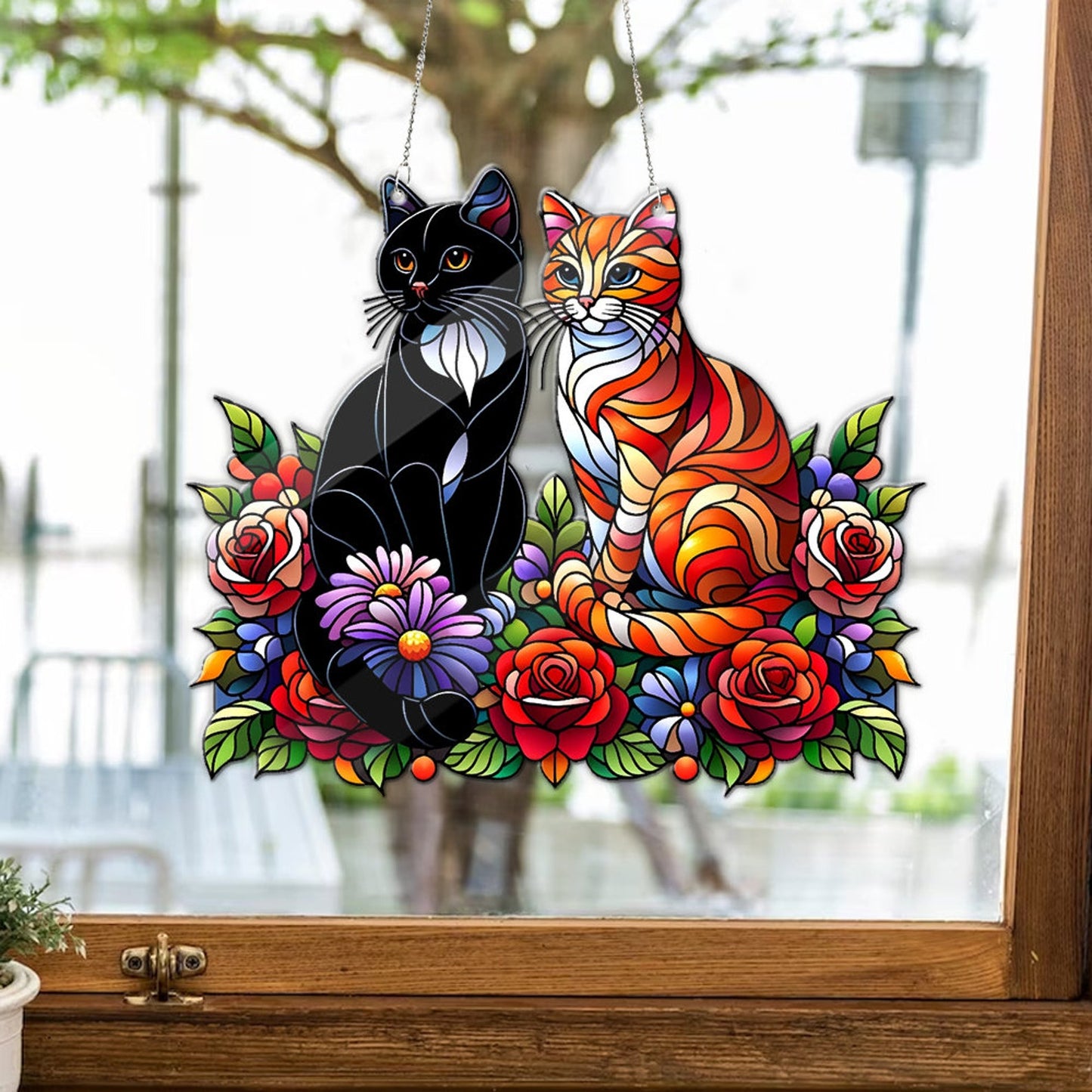 Cat Flowers Stained Glass Suncatcher