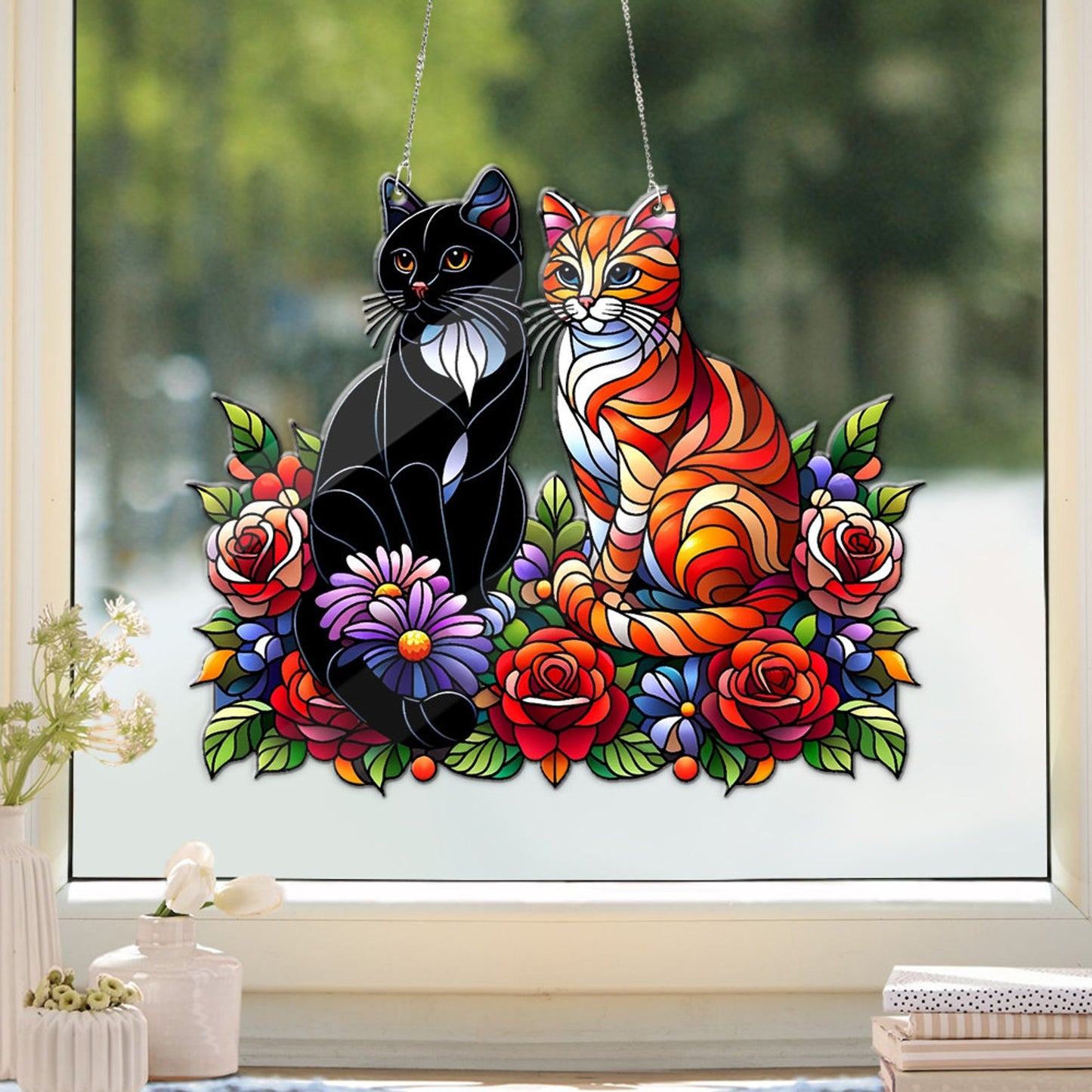 Cat Flowers Stained Glass Suncatcher