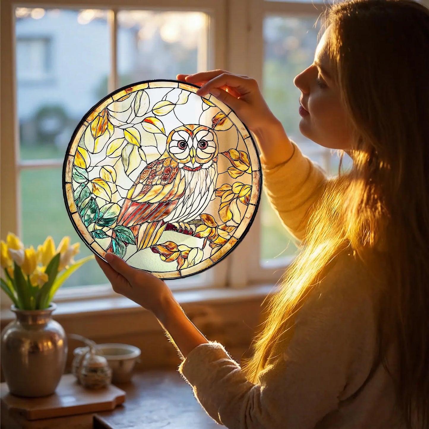 Owl Stained Glass Suncatcher: Bird Window Hanging Decor 2