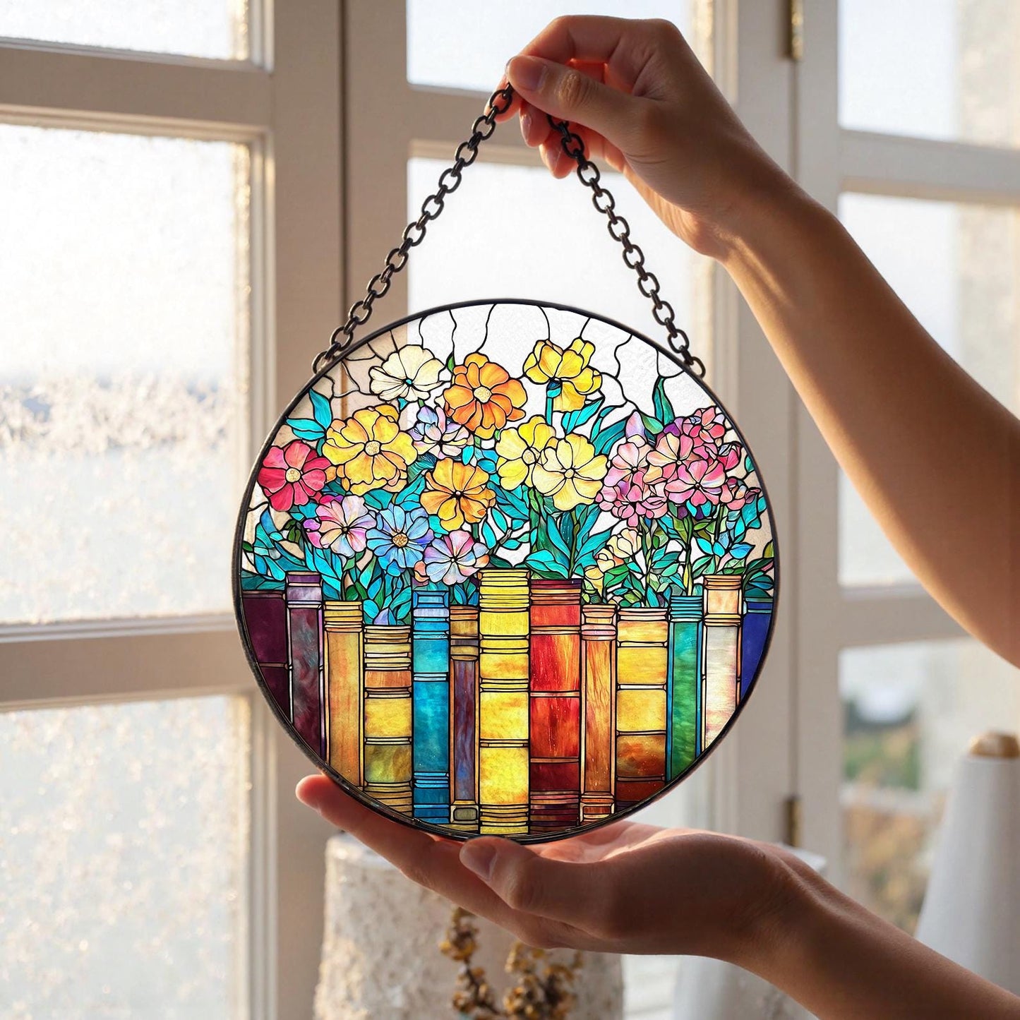 Book and Flower Stained Glass Suncatcher