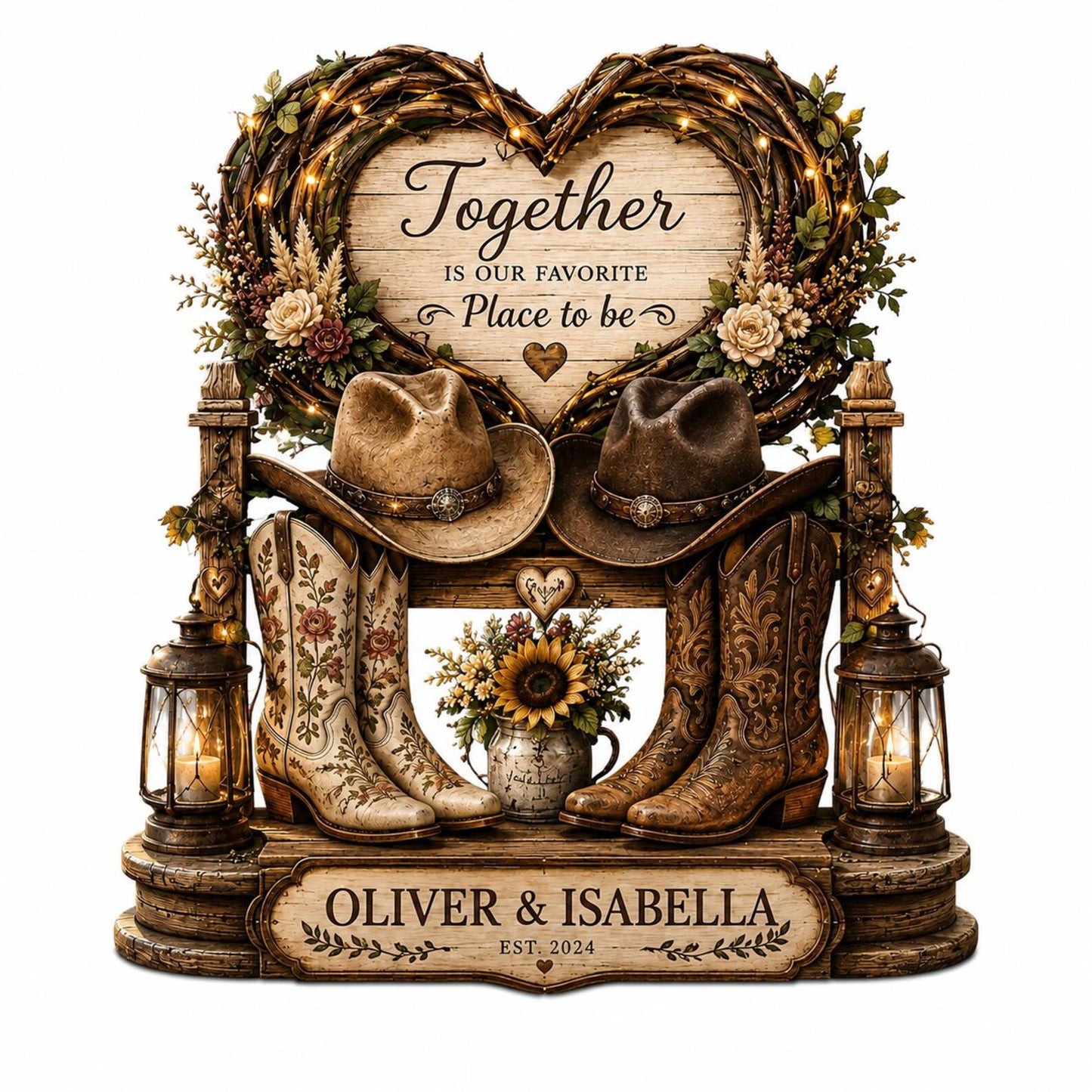 Personalized Western Couple Wooden Block, Cowboy Cowgirl Anniversary Decor