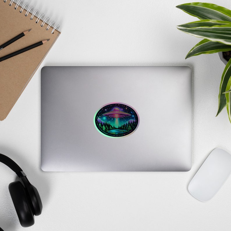 Luminous Lakeside Landing Holographic UFO Sticker