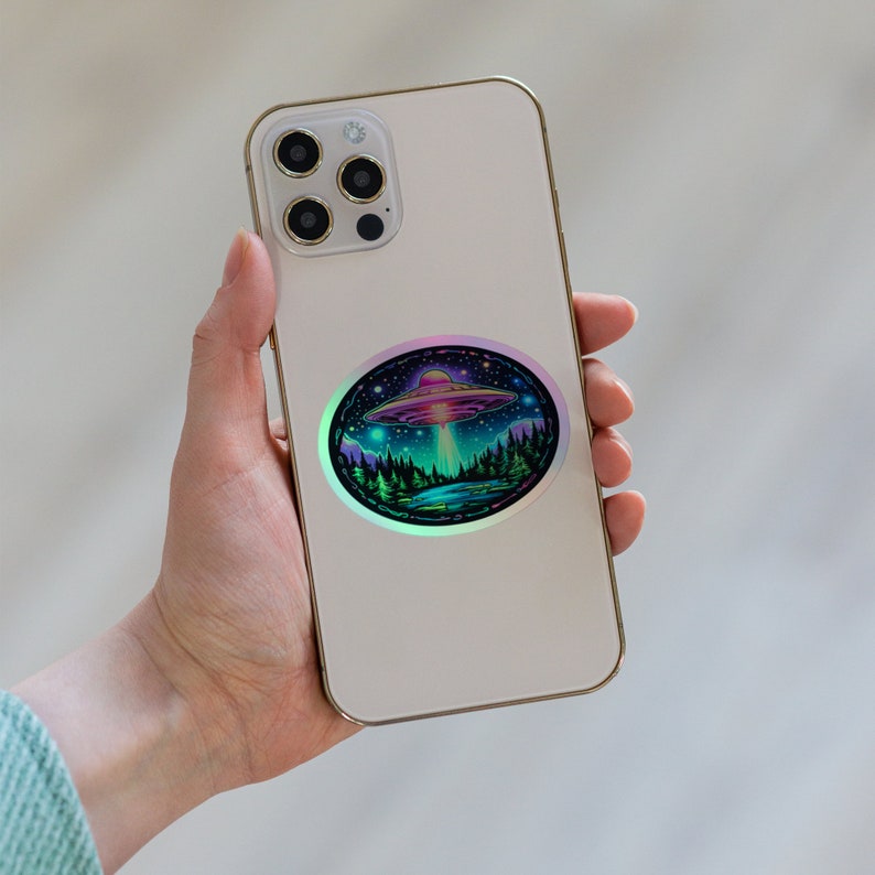 Luminous Lakeside Landing Holographic UFO Sticker