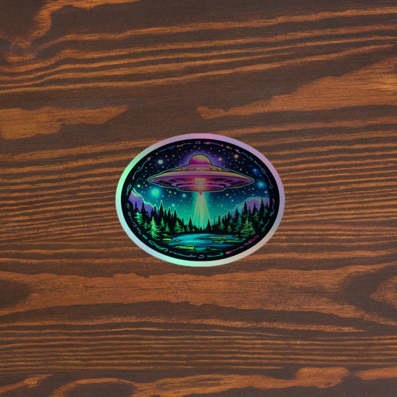 Luminous Lakeside Landing Holographic UFO Sticker