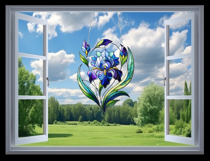 Purple Iris Flower Stained Glass Suncatcher