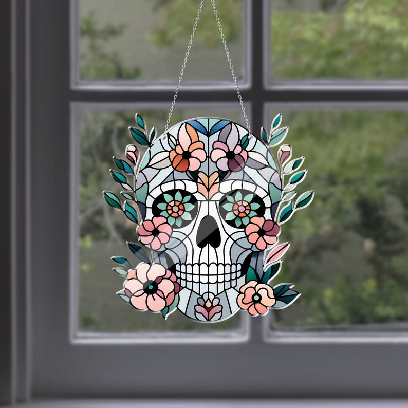 Floral Skeleton Stained Glass Suncatcher