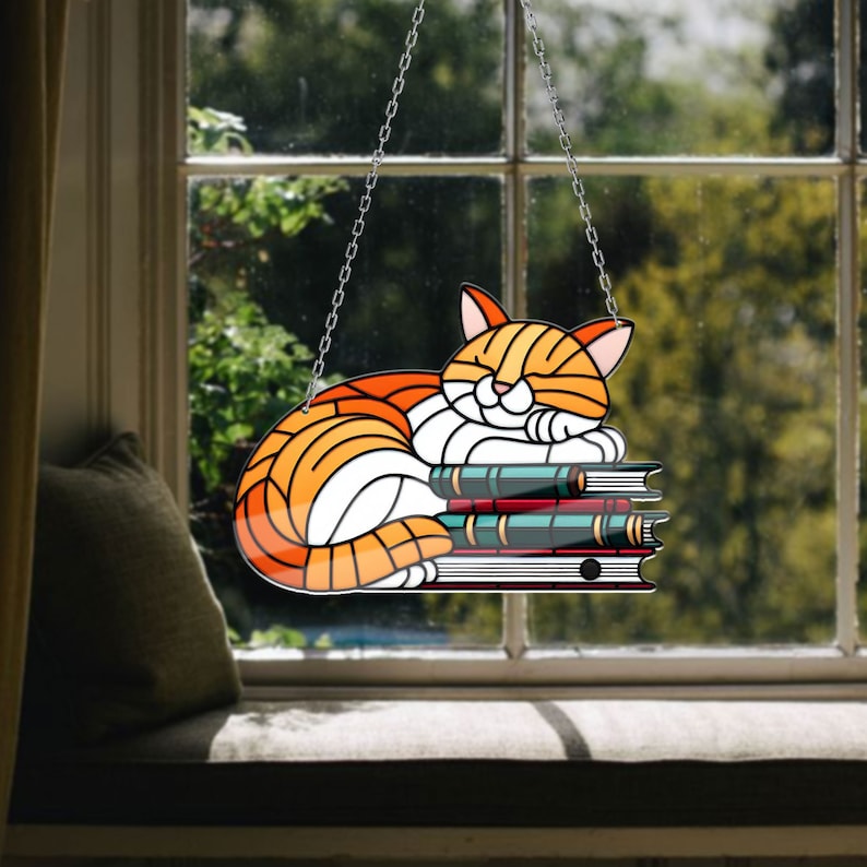 Cute Cat Sleeping Stained Glass Suncatcher