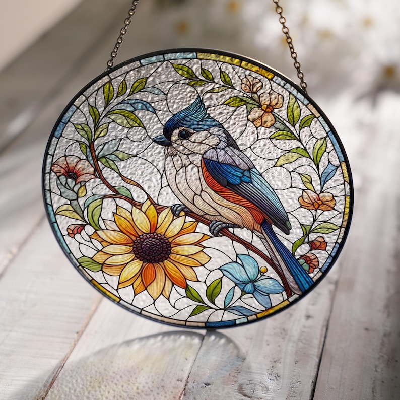Tufted Titmouse Stained Glass Suncatcher