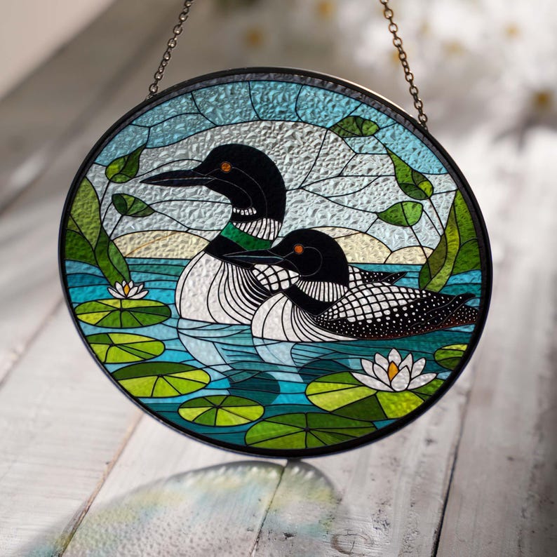 Loon Bird Couple Stained Glass Suncatcher