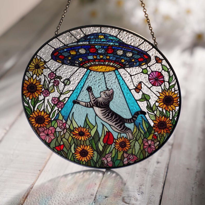 UFO Abduction Tabby Cat Wildflowers Stained Glass Suncatcher