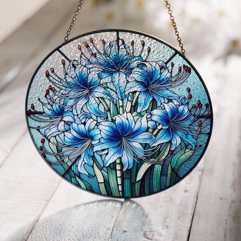 Blue Spider Lily Stained Glass Suncatcher