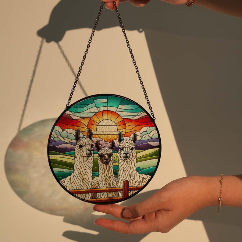 3 Llama Peeking Stained Glass Suncatcher