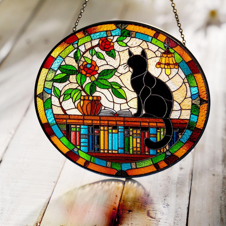Black Cat Sitting On Bookshelf Stained Glass Suncatcher